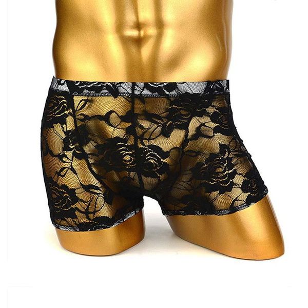 Unterhosen Sexy Männer Durchsichtige Transparente Blumenspitze Boxershorts Unterwäsche Sissy Crossdress Gay Dessous Für Ihn 3 FarbenUnterhosen