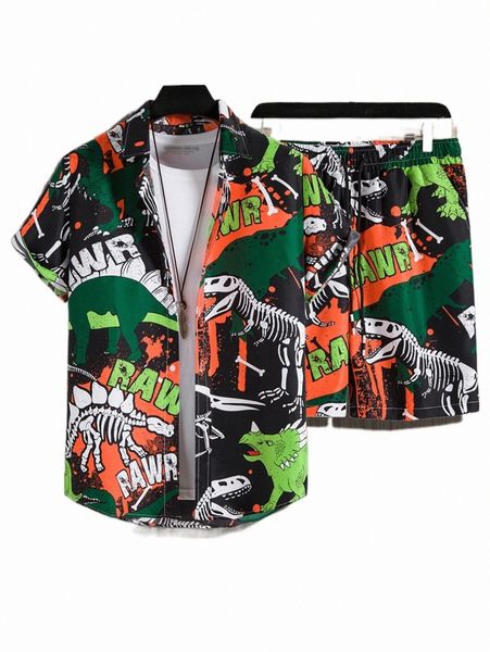 

men random dinosaur & letter graphic shirt & shorts without tee h7al#, Gray