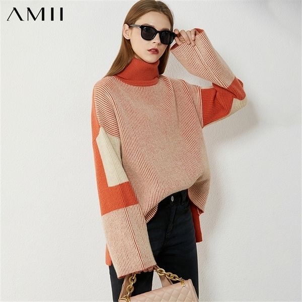 

amii minimalism autumn winter women's turtleneck sweater fashion spliced thick women's sweater female pullover 12080063 201225, White;black