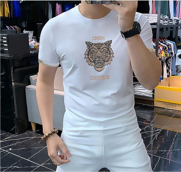 

2022 men's t-shirts summer new net red tiger head t-shirt men's fashion personality drill european goods slim short-sleeved thin t, White;black