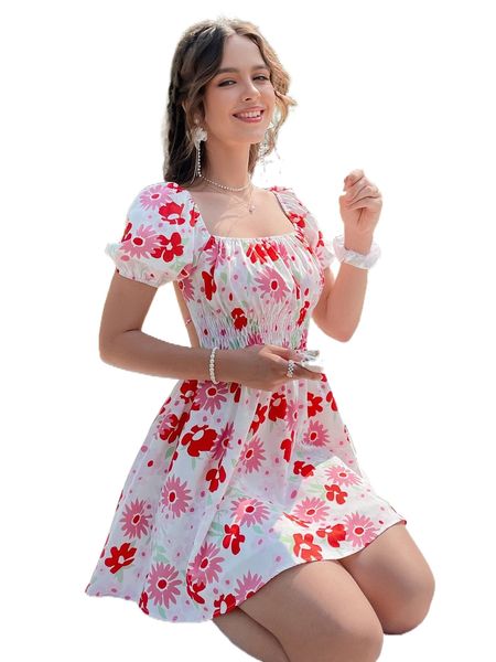 

floral print tie backless puff sleeve dress x1zk#, Black;gray