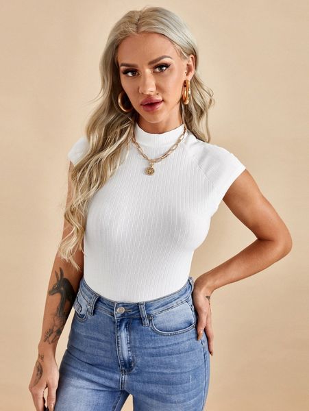 

mock-neck raglan sleeve rib-knit slim tee t2i3#, White