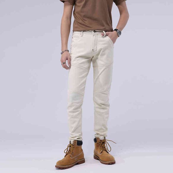 

men's jeans fashionable high street fashion brand jeans men's slim fitting small leg stitching white high-end handsome elastic pan, Blue