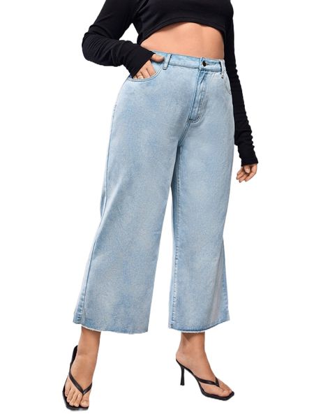 

plus high waist light wash raw hem wide leg jeans 64tv#, Blue