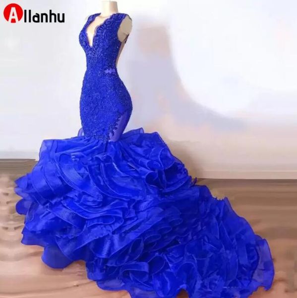 

2022 new year organza ruffles skirt v neck royal blue dresses mermaid prom aso ebi african evening gowns party gowns robe de soirÃ©e bes121, Black;red