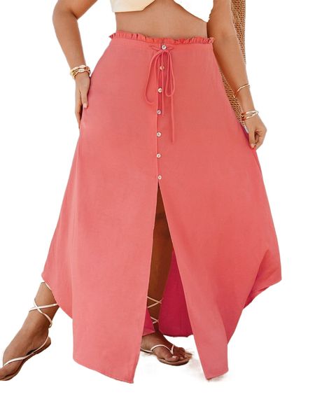 

plus frill trim drawstring waist skirt s0gb#, Black