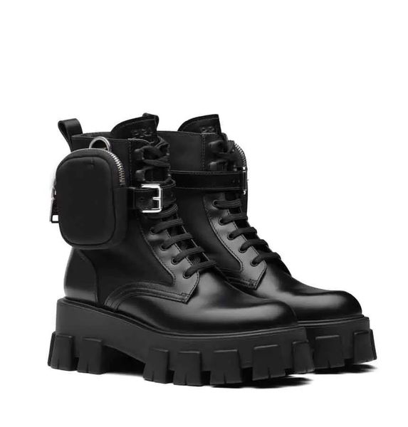 

winter monolith brushed leather nylon combat boots chunky lug sole women ankle boot tread soles platform booties brands footwear, Black