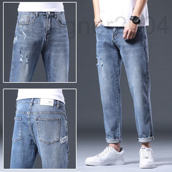 

men's jeans designer korean version 2021 spring and summer fashion brand light blue pierced jeans men's elastic slim fit small foo