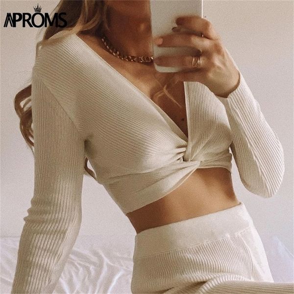 

aproms elegant v-neck ribbed knitted t-shirt women candy color criss cross strench tshirt female streetwear crop 210317, White