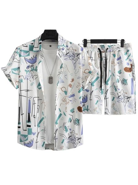 

men graffiti print shirt & drawstring waist shorts without tee e4ru#, Gray