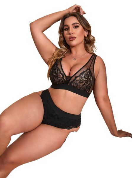 

plus contrast mesh lace lingerie set y3z1#, Black;white