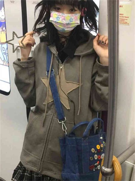 

fairycore street style women hoodies y2k aesthetic hip hop zip up sweatshirt female grunge y2k star printed hooded alt clothing t220726, Black