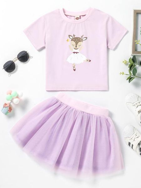 

toddler girls cartoon graphic tee & mesh flare skirt she01, White