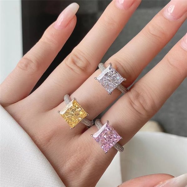 Real 925 Sterling Silver Wed Кольцо для женщины Love Square Diamond Ring Designery Jewelry Pink White 8a Cubic Circonia помолвка свадебные кольца невесты размер 6-9 подарок коробки подарок