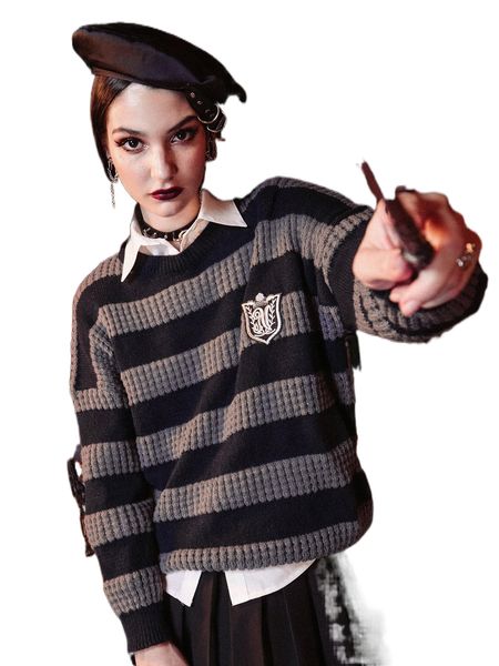 

romwe dark academia striped patched sweater without shirt b2vh#, White;black