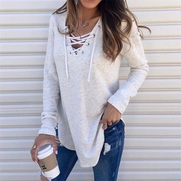 

solid tee shirt pulovers tunic female clothing autumn women's casual hollow out bandage v neck long sleeve t-shirt 220328, White