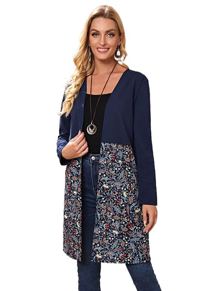 

emery rose floral print panel open front coat z1ct#, Black