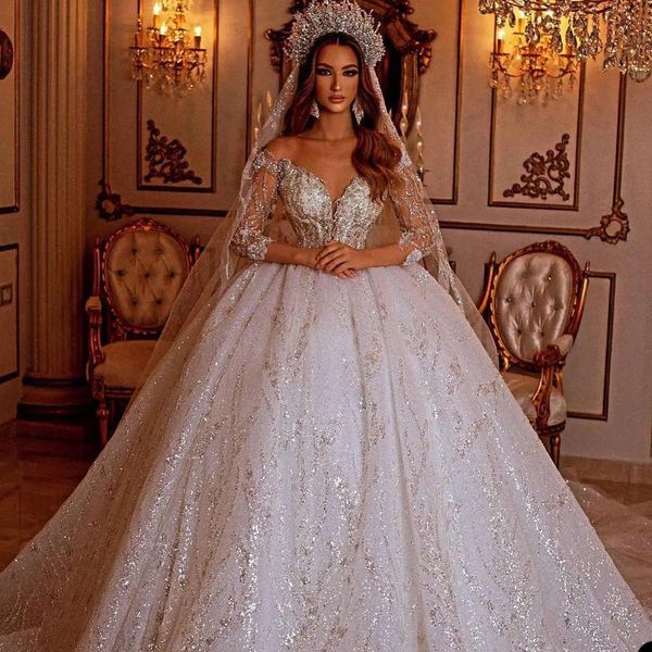 

princess ball gown wedding dresses shiny sequins off shoulder v neck long sleeve strapless lace sequins beaded floor length train vintage ro, White