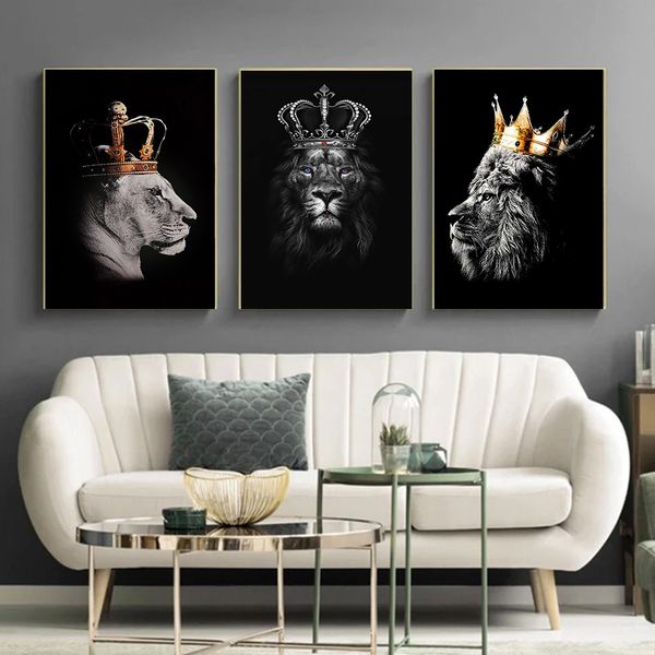 Corona d'oro Leoni Animali Arte Tela Poster e stampe Pittura Moderna Nera Immagini da parete per soggiorno Corridoio Studio Decor