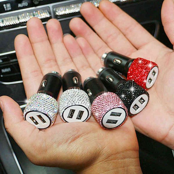 

car charger for cigarette lighter smart phone usb adapter mobile phone charger dual usb charger with bling rhinestones crystal w220328