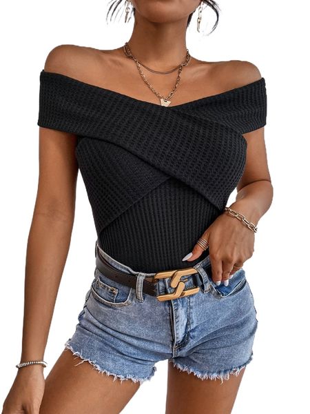 

off shoulder waffle knit tee x6ku#, White