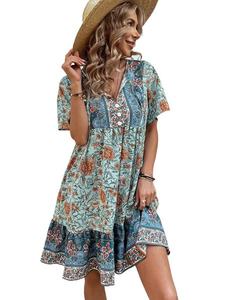 

floral print tie neck smock dress h9pr#, Black;gray