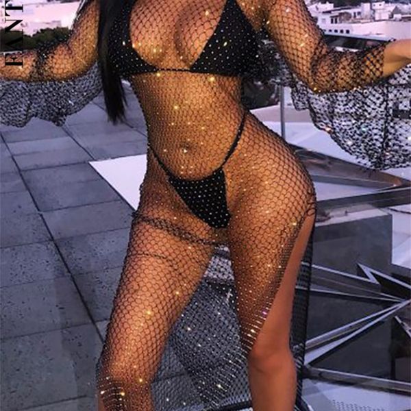 

fantoye diamond shiny party dress women split long sleeve maxi bodycon dress seethrough fishnet club dress vestidos 220622, Black;gray