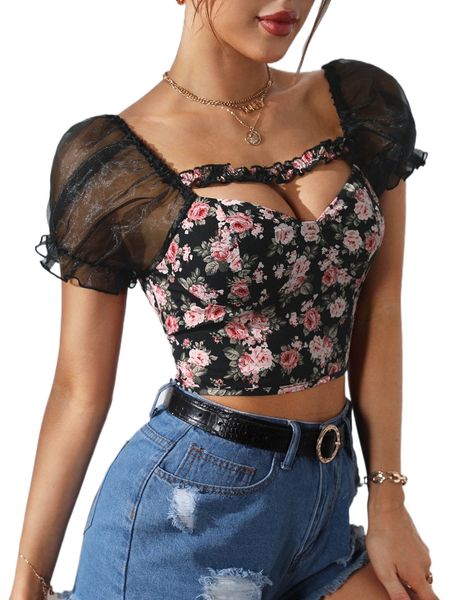

floral print contrast mesh cutout crop y7gp#, White