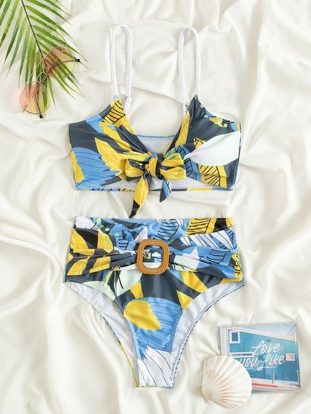 

allover print belted knot front bikini swimsuit v7ys#, White;black