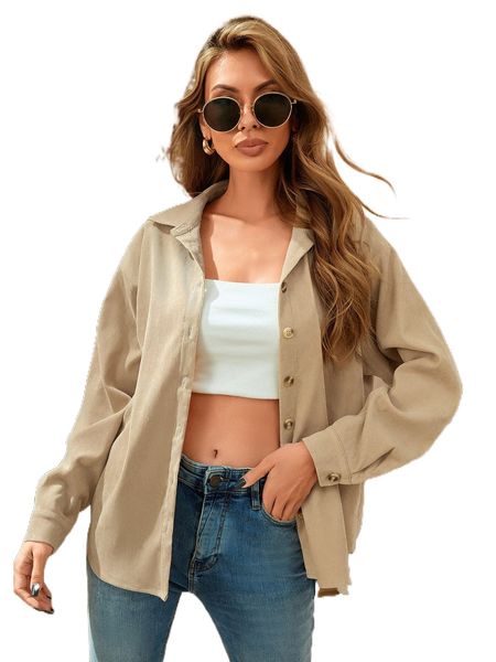 

drop shoulder button up corduroy blouse e31g#, White