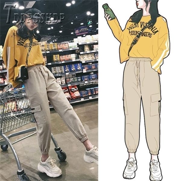 

spring cargo pants ins popular slim casual elastic waist female trousers 201113, Black;white