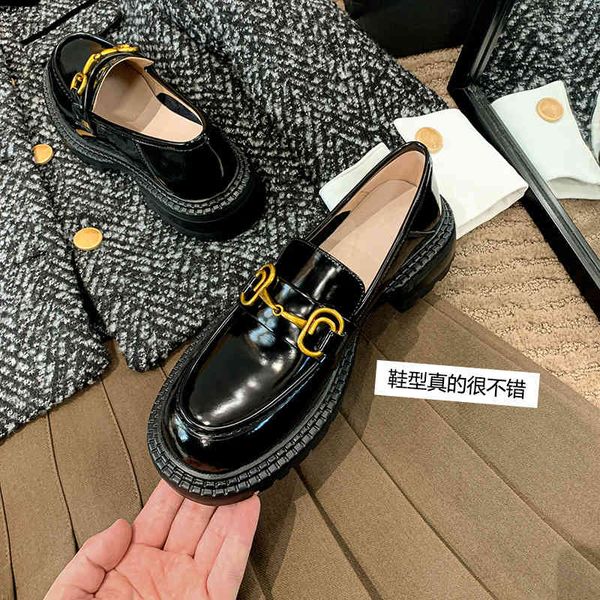 

boots black patent leather metal buckle leffer shoes women's one foot british style small spring thick heel zhyj