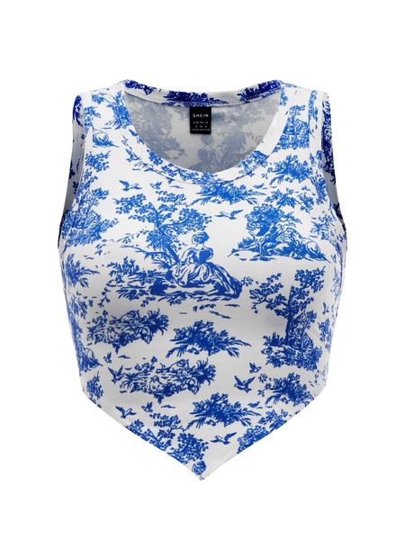 

figure a.nd botanical print a.symmetrical hem t.ank z60f#, White