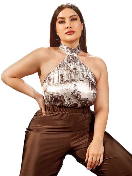 

plus building print satin halter t8yh#, Black