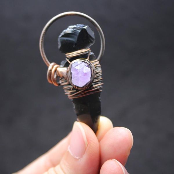 Anhänger Halsketten Erzgestein Anhänger Wire Wrap Rohstein Pfeilspitze Schwarz Obsidian Lila Kristall Suspension Halskette Frauen Männer SchmuckAnhänger