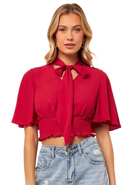 

tie neck shirred waist blouse t39c#, White