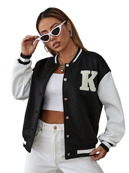 

letter patch detail drop shoulder two tone bomber jacket g1wh#, Black;brown