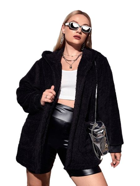 

plus open front hooded teddy coat 32hi#, Black