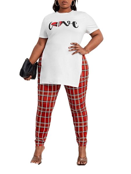 

sxy plus letter print split hem tee & plaid print pants w5gw#, Black