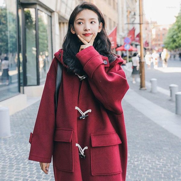 Misto lana da donna Autunno Inverno Coreano Rosso Bottone in corno Tweed Elegante Giacca da donna Top Coat Caldo lungo con cappuccio Studente di lana