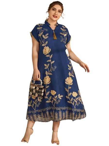 

plus floral embroidery beaded tunic dress z0gn#, Black