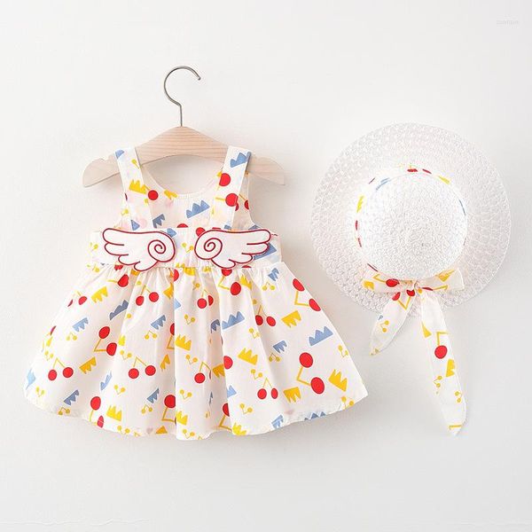 Kız Elbiseler Yaz Doğumlu Kız Bebek Kız Çiçek Elbise Giysileri Set Karikatür Sevimli Baskılı Pamuklu Kolsuz Beach Sunhatclothing Suit