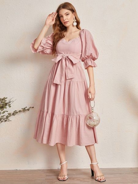 

sweetheart neck shirred back self belted dress v5u5#, Black;gray