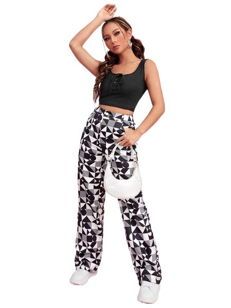 

geo print zipper fly wide leg pants v7au#, Black;white