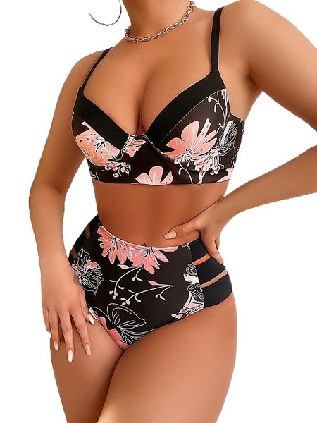 

f.loral print p.ush u.p h.igh waisted bikini swimsuit g4a8#, White;black