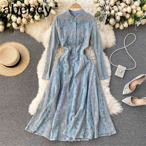 

elegant lace long sleeve femme dresses vintage sundress party dress a line maxi dress vestidos robe 210715, Black;gray
