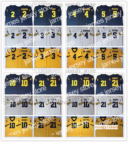 Abbigliamento da football universitario americano Michigan Wolverines NCAA College 2 Maglie Charles Woodson 3 Rashan Gary 4 Jim Harbaugh 5 Jabrill Peppers 10 Tom Brady 21 Desmond Howar