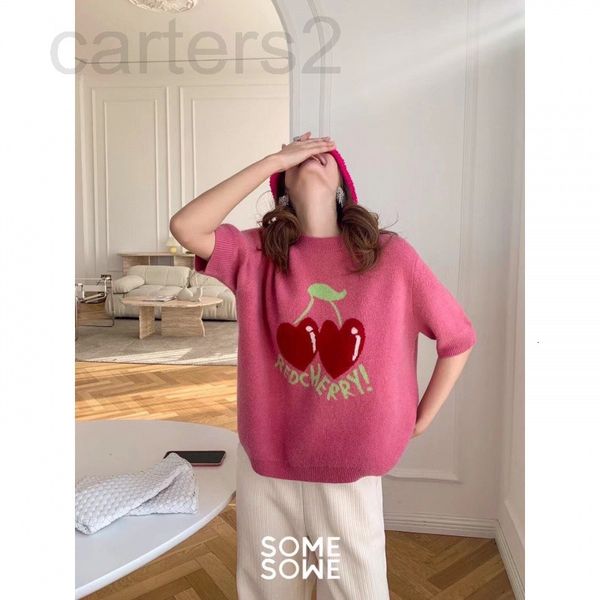 

women's knits & tees designer chaopai 22 early spring new cherry pattern shows white raspberry pink super girl cute temperament short s