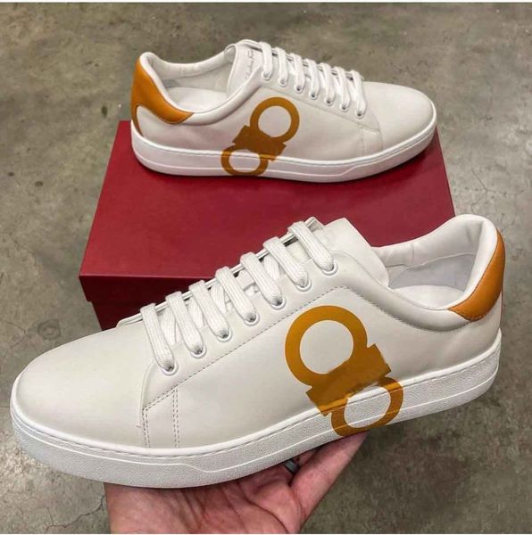 

white black calfskin leather gancini sneaker shoes for men lace up men's casual skateboard walking outdoor luxury design footwear eu 38
