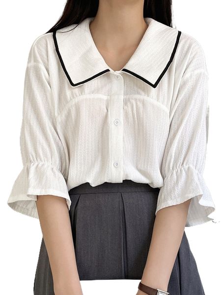 

dazy striped trim flounce sleeve blouse f6f6#, White